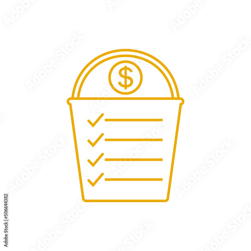 Golden bucket list icon with money. Vector illustration on white background.
