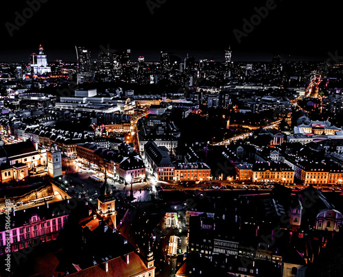 Cityscape of old buildings and architecture in the old town in Warsaw. Aerial view of old buildings, castles and a church in the old city of Warsaw. © netsay