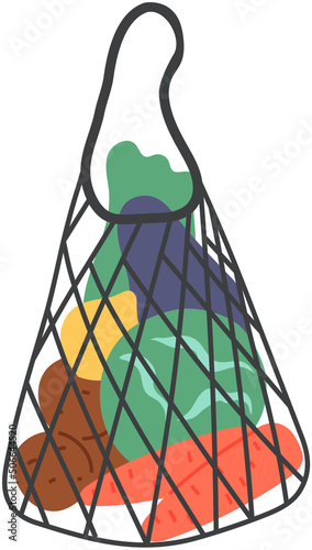 Eco shopping net bag with various healthy food. Zero waste, plastic free concept. Different fresh vegetables and fruit in shopper. Colored trendy mesh bag, eco package for food vector illustration