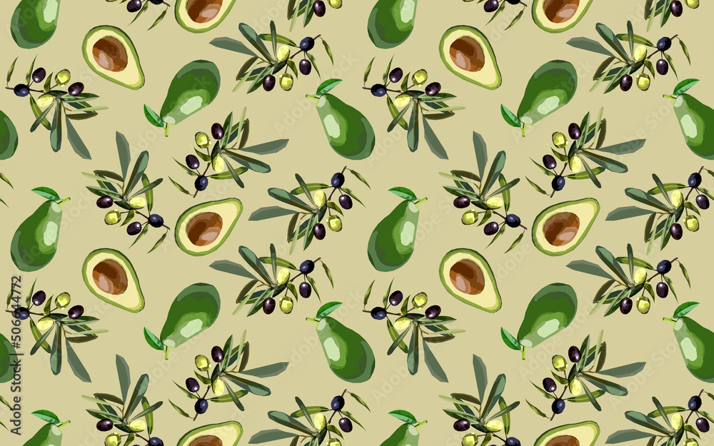 Olive branch and avocado seamless pattern Olive branch and avocado seamless pattern