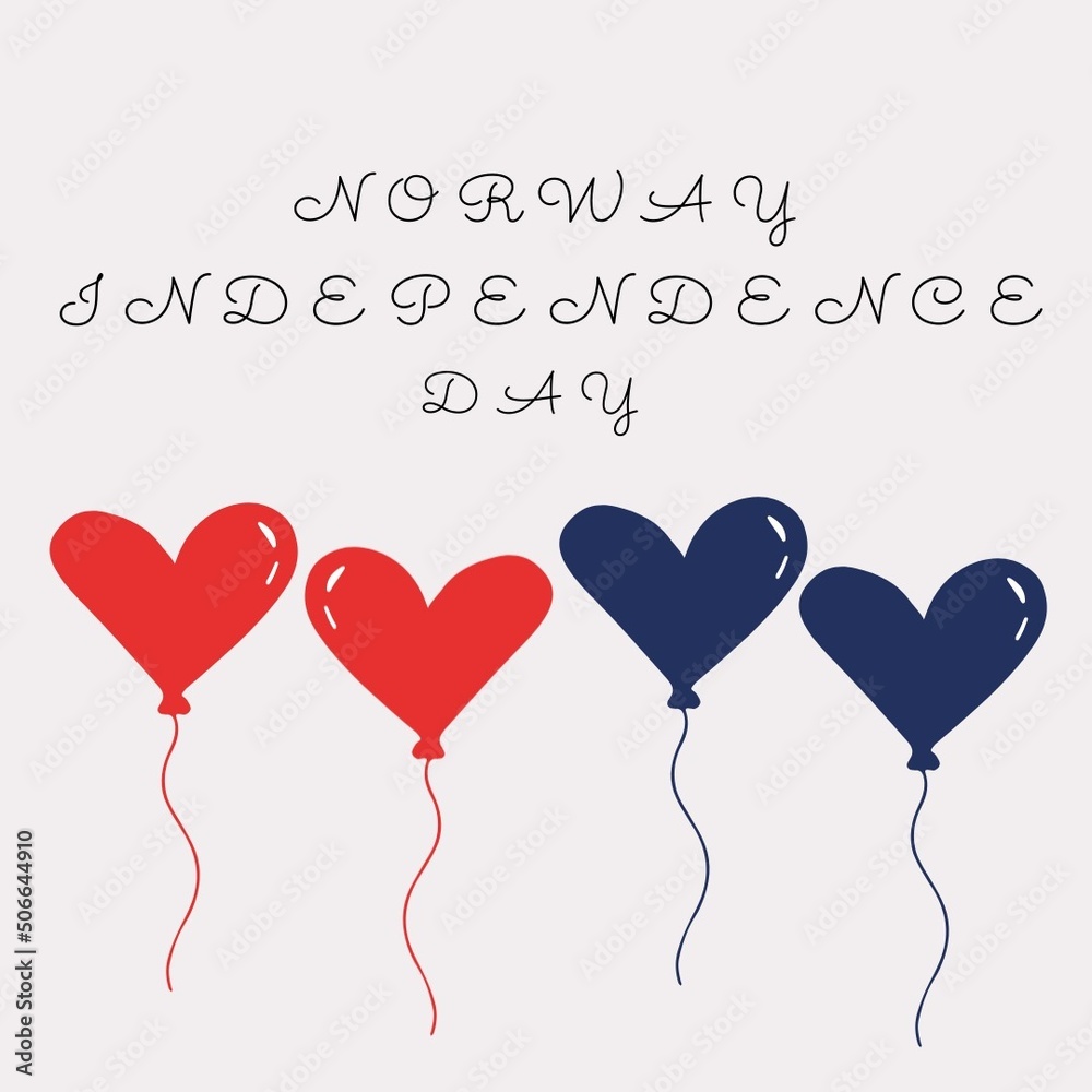 Illustration of norway independence day text with red and blue heart balloons on white background