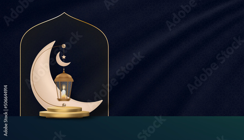 Islamic Podium with Traditional islamic lantern with Crescent moon on drak blue silk background,Vector Backdrop Religion of Muslim Symbolic,Eid ul fitr,Ramadan Kareem,Eid al Adha,Eid Mubarak