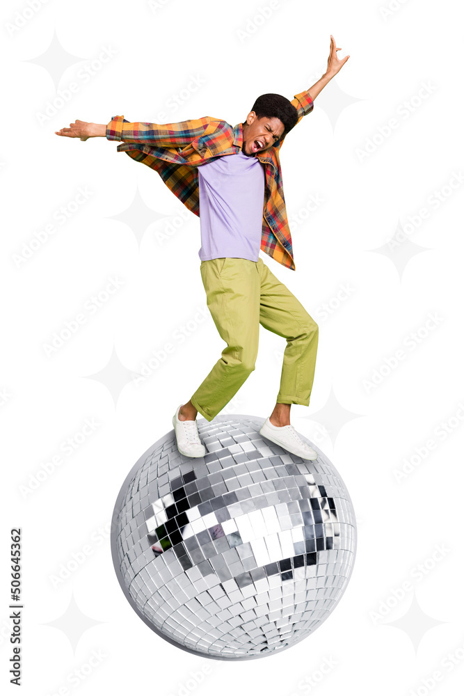 Creative artwork sketch of energetic guy hipster enjoy rock music dance active disco ball isolated white color background - obrazy, fototapety, plakaty 