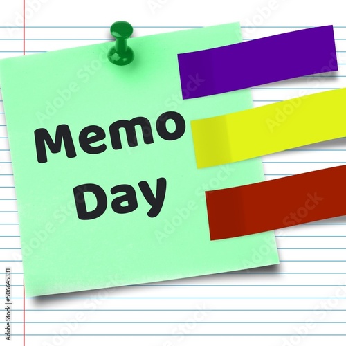 Illustrative image of adhesive note with memo day text and colorful tapes on page, copy space