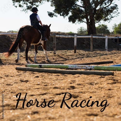 Digital composite image of caucasian boy riding horse in ranch and horse racing text