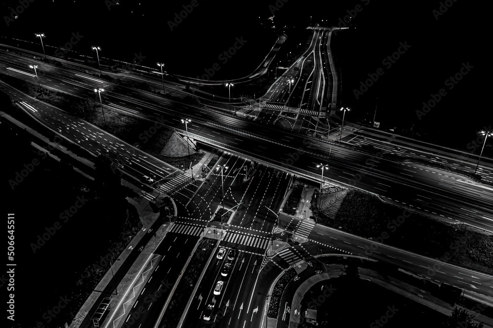 Road beautiful Aerial View of Busy Intersection at Night , top view