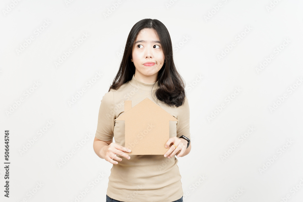 Holding House Cutout or Think for Buying House Of Beautiful Asian Woman Isolated On White Background Holding House Cutout or Think for Buying House Of Beautiful Asian Woman Isolated On White Background