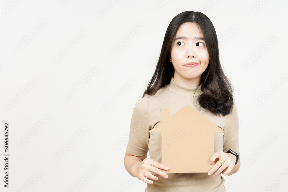 Holding House Cutout or Think for Buying House Of Beautiful Asian Woman Isolated On White Background Holding House Cutout or Think for Buying House Of Beautiful Asian Woman Isolated On White Background