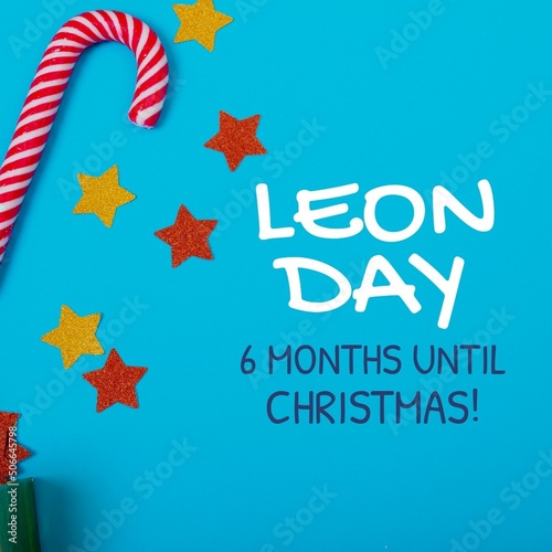 Illustration of leon day and 6 months until christmas text with candy cane and star shapes