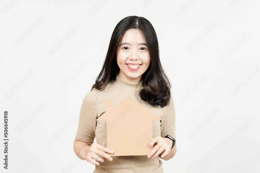 Holding House Cutout or Think for Buying House Of Beautiful Asian Woman Isolated On White Background Holding House Cutout or Think for Buying House Of Beautiful Asian Woman Isolated On White Background