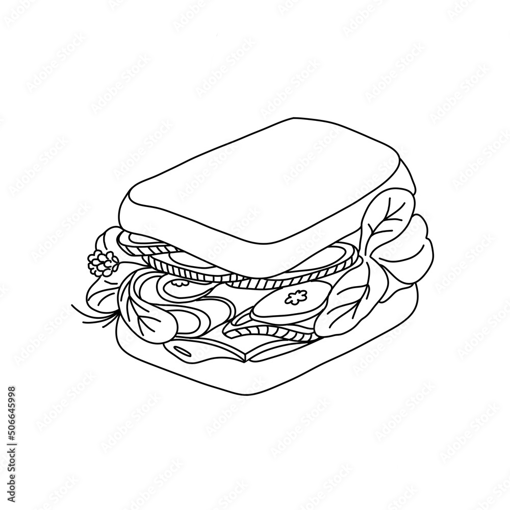 Sandwich with ham, onions, cucumbers, herbs and cheese. Illustration isolated on white background.