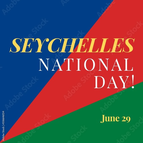 Digital composite image of seychelles national day text over colorful seychelles flag