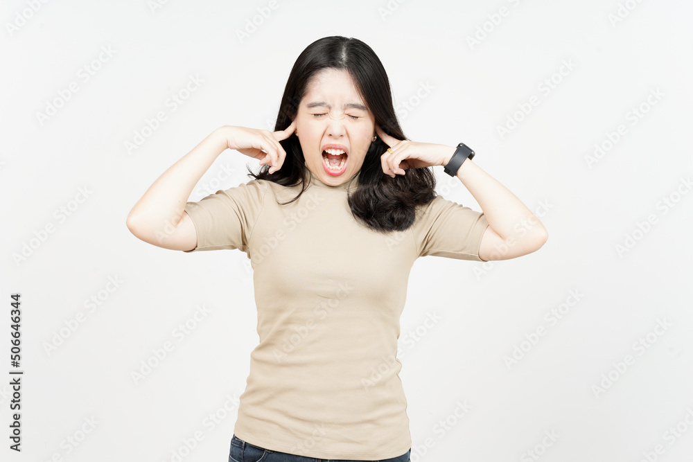 Hears bothering noise Of Beautiful Asian Woman Isolated On White Background Hears bothering noise Of Beautiful Asian Woman Isolated On White Background