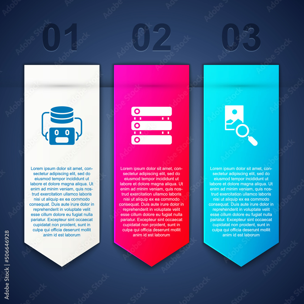 Set Artificial intelligence robot, Server, Data and Photo retouching. Business infographic template. Vector Set Artificial intelligence robot, Server, Data and Photo retouching. Business infographic template. Vector