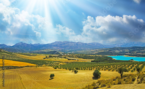 Fotografija Beautiful wide rural country valley landscape, blue turquoise swimming lake, oli