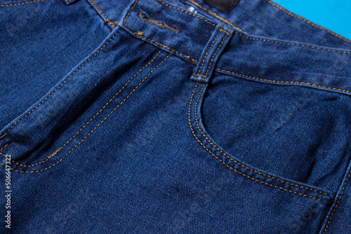 Jeans close-up. Modern comfortable clothes. Denim blue jeans texture