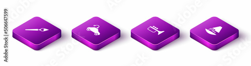 Set Isometric Paint brush, Radio controlled car toy, Trumpet and Toy boat icon. Vector