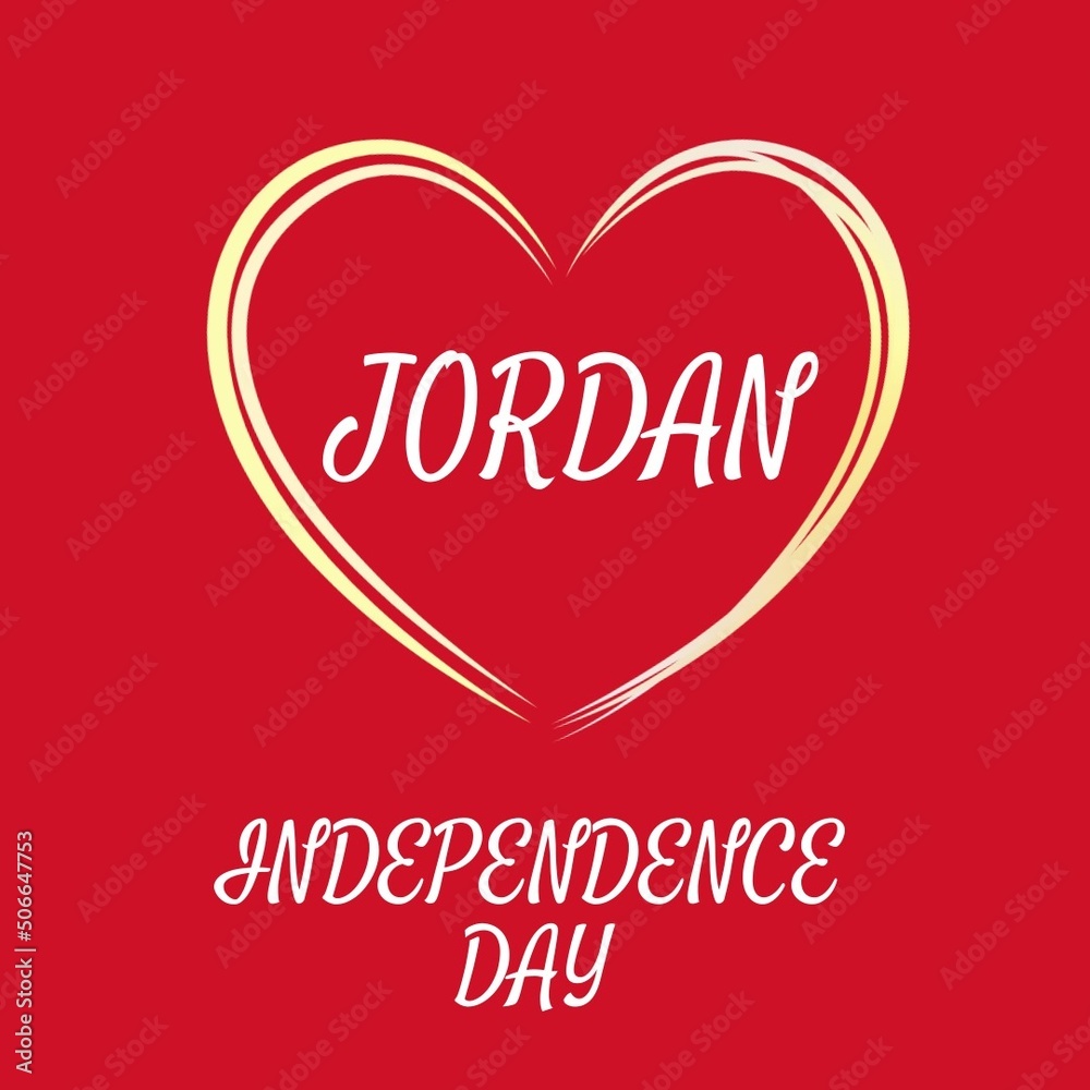 Illustration of jordan independence day text and heart shape against red background, copy space