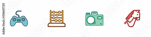 Set Gamepad, Abacus, Photo camera and Toy horse icon. Vector