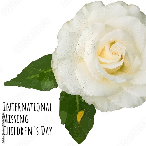 Composite of international missing children's day text with rose on white background, copy space