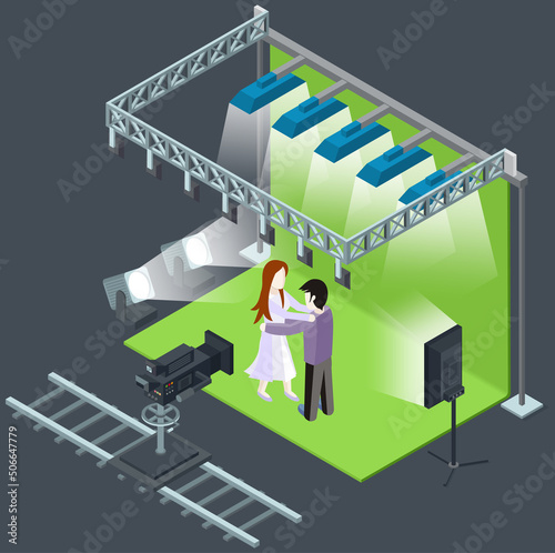 Process of filming, working on making film about love in studio, romantic show with happy couple dancing. People work with equipment on set. Shooting scene, movie with actors, camera and stage
