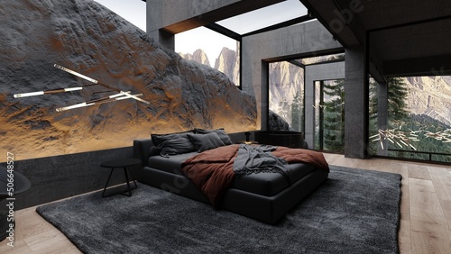 Modern loft bedroom interior design with skylight, soft bed, carpet, wooden floor and view to dolomiti mountains 3d rendering	 photo