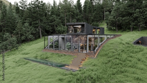 Modern stylish concrete villa with large windows, view to forest, deck with pool and fireplace
