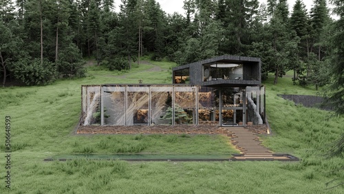 Modern stylish concrete villa with large windows, view to forest, deck with pool and fireplace