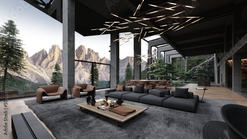 Modern loft large concrete structure space living room with garden, large bonsai trees and view to dolomiti mountains 3d rendering	
 photo