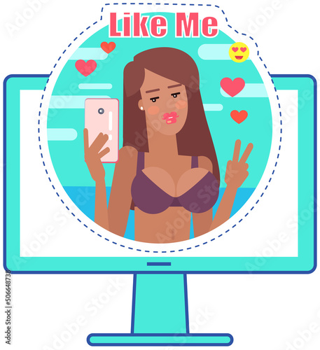 Remote comunication program on monitor. Distance relationship, internet video call chat with girlfriend. Website for virtual dating and communication. Lovely girl during video meeting on screen