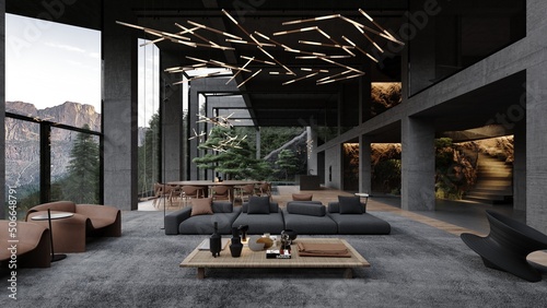 Photography Modern loft large concrete structure space living room with garden, large bonsai