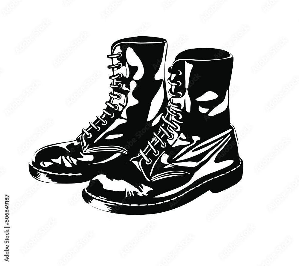 Pair of Doc Martens legendary vintage leather boots. Black ink monochrome  graphic. Hand drawn engraved style vector illustration isolated on white  background. Stock Vector | Adobe Stock