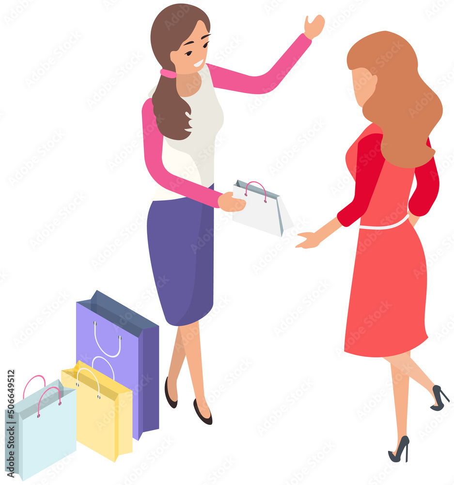 Shop assistant offering choice to female buyer. Woman choosing and buying during shopping. Seller and shopper in store. Girl near bags, packages with purchases. Shopping in boutique concept Shop assistant offering choice to female buyer. Woman choosing and buying during shopping. Seller and shopper in store. Girl near bags, packages with purchases. Shopping in boutique concept