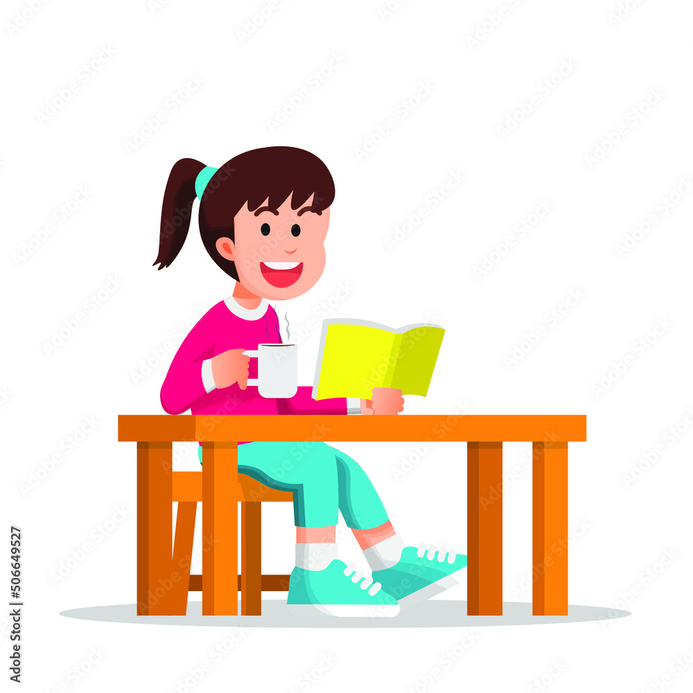 little girl reading a book while enjoying a warm drink little girl reading a book while enjoying a warm drink