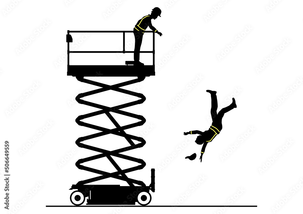 Fall from work platform hazard. Scissor lift safety concept. Vector