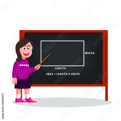 little girl shows the formula for the area of ​​a rectangle on the blackboard