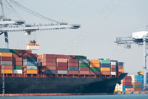 Transport Container Cargo Freight Ship loading and unloading goods containers by harbor crane in shipping port, Logistic Import Export background