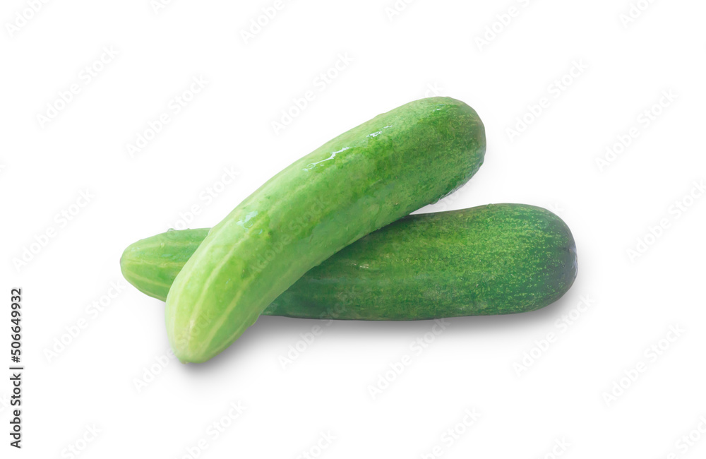Two fresh green cucumbers vegetable in stack, heap or pile isolated on white background with clipping path Two fresh green cucumbers vegetable in stack, heap or pile isolated on white background with clipping path