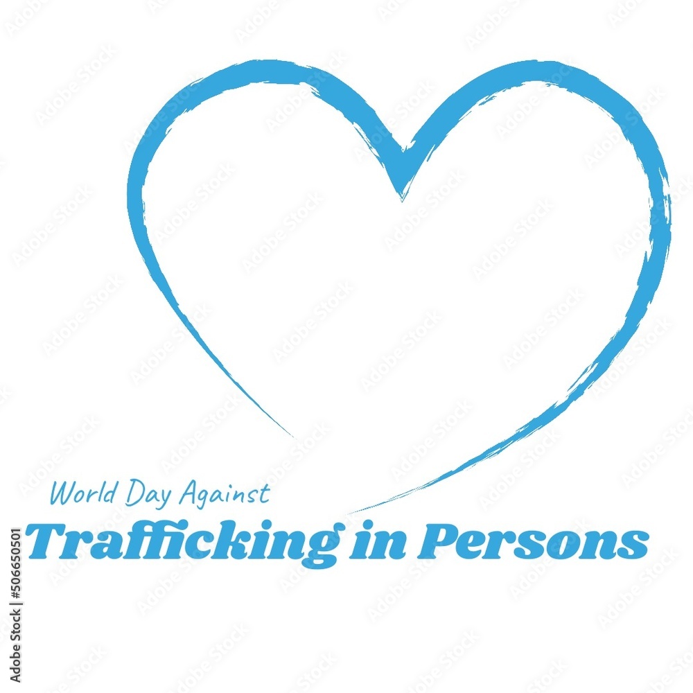 Illustration of blue heart shape and world day against trafficking in persons text, copy space