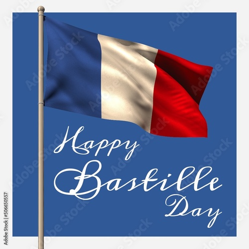 Illustration of happy bastille day text with national flag of france on blue background, copy space