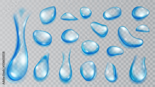Set of realistic translucent water drops in light blue colors in various shape and size  isolated on transparent background. Transparency only in vector format