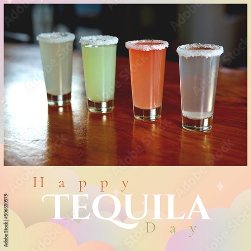 Composite of multicolored tequila shots served on table at bar with happy tequila day text