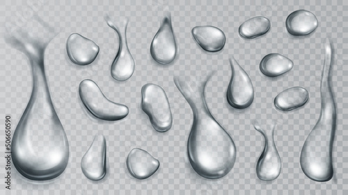 Set of realistic translucent water drops in gray colors in various shape and size, isolated on transparent background. Transparency only in vector format