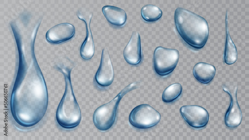 Set of realistic translucent water drops in blue colors in various shape and size, isolated on transparent background. Transparency only in vector format