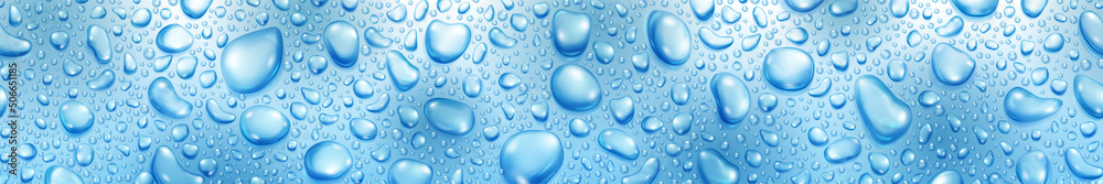 Banner of big and small realistic water drops in light blue colors, with seamless horizontal repetition Banner of big and small realistic water drops in light blue colors, with seamless horizontal repetition