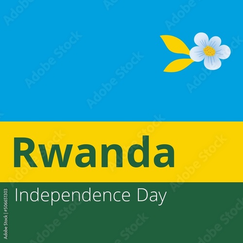 Illustration of rwanda independence day text with blue and yellow flower on national flag of rwanda