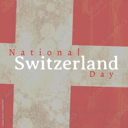Illustrative image of national switzerland day text against national flag of switzerland, copy space