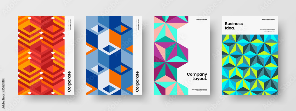 Original company brochure A4 vector design illustration set. Vivid mosaic tiles annual report concept bundle.