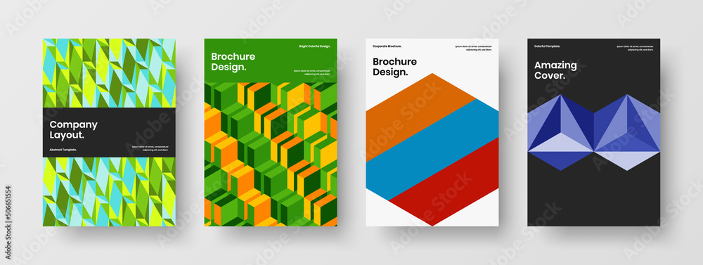 Fototapeta premium Unique geometric hexagons catalog cover illustration set. Trendy handbill vector design concept bundle.