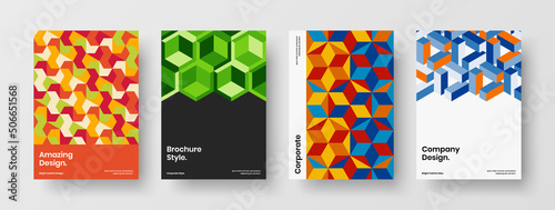 Original geometric hexagons annual report template collection. Vivid presentation A4 design vector layout composition.